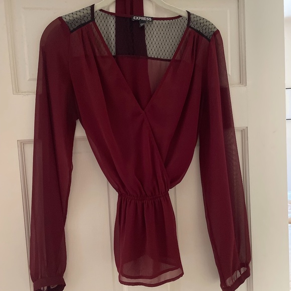 Express Burgundy Faux-Wrap Sheer Blouse - Picture 2 of 3